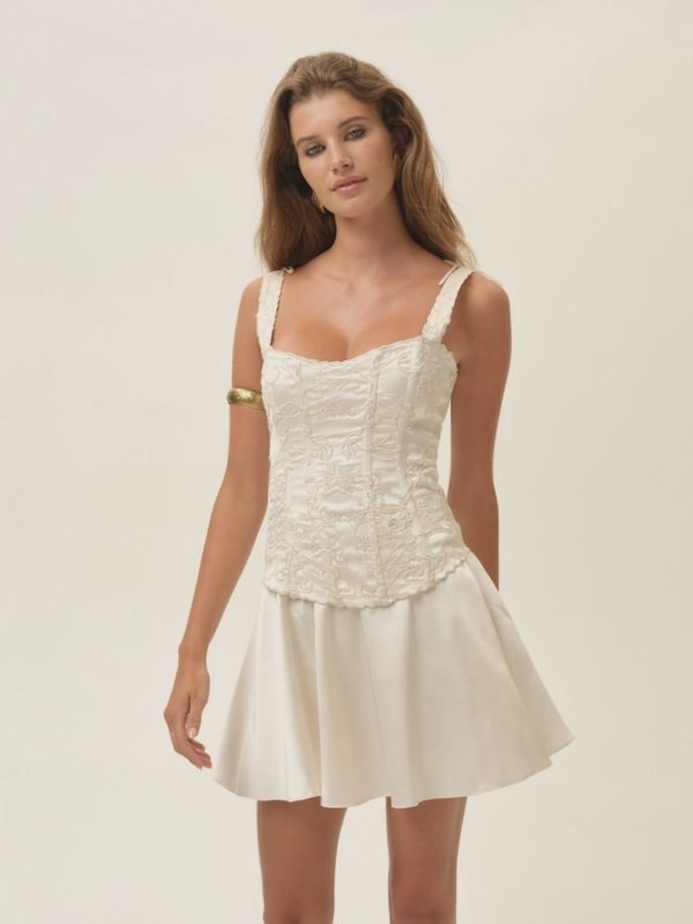 For Love & Lemons Olea Cream Embroidered Corset Mini Dress Size XS NWT